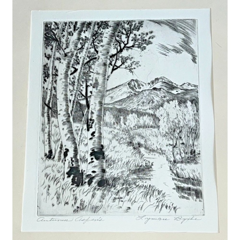 Lyman Byxbe Drypoint Ink on Paper Etching "Autumn Aspen's" Signed in Pencil